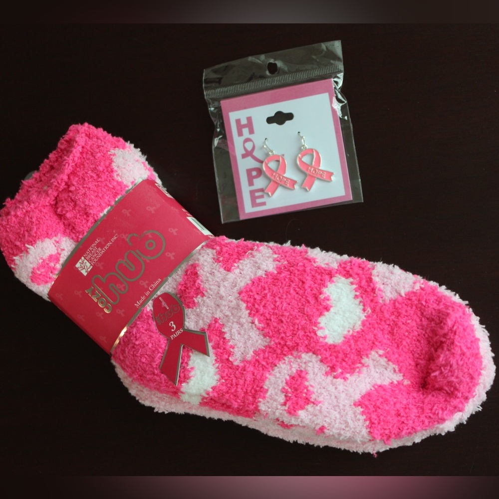 Bundle Breast Cancer Fuzzy Socks & Hope Earrings Pink White Ribbons